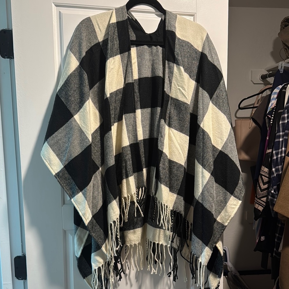 Plaid Black and Cream Poncho